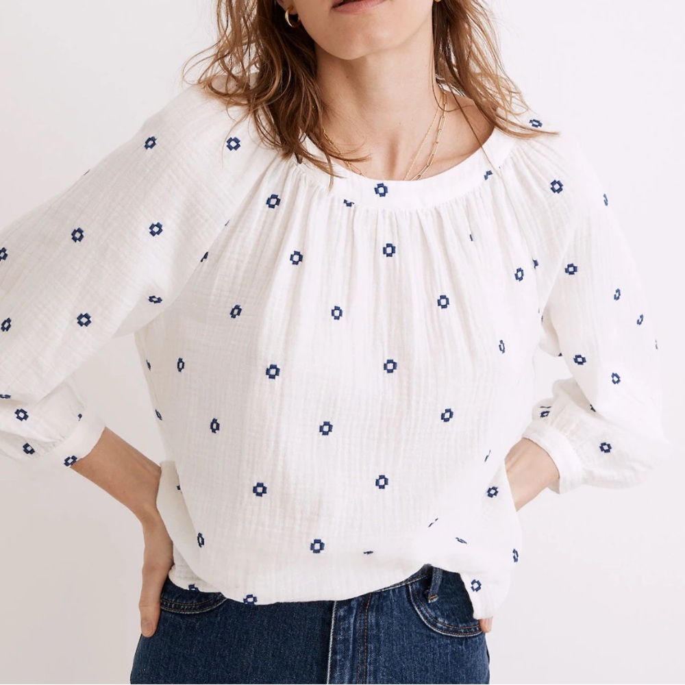 Madewell Embroidered Lightspun Wide-Neck Cuffed-Sleeve Top. NWT